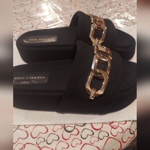 Good American Black Sandals with Gold Chain Accent